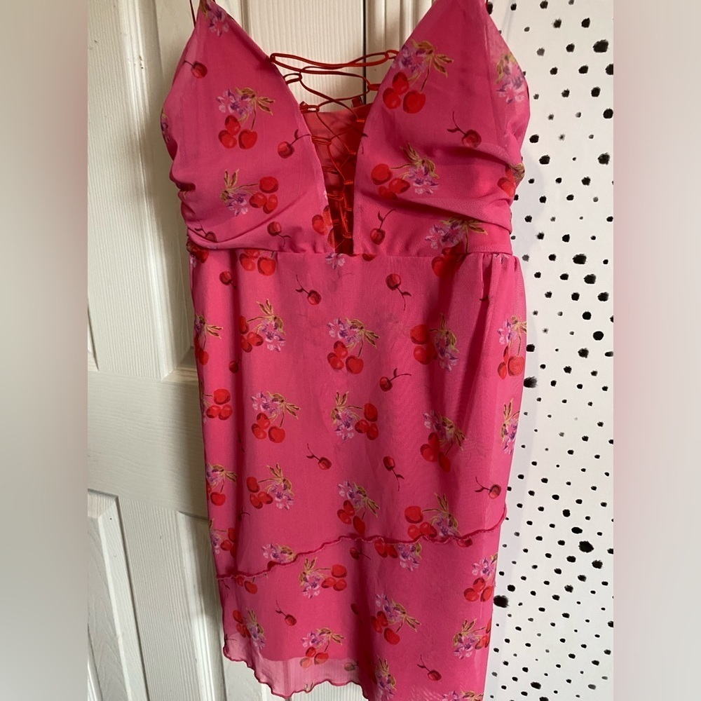 Urban Outfitters Bright Side Lace-Up pink floral cherry Mini Dress sz M nwt - Picture 5 of 14